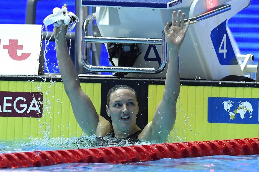 A győztes Hosszú Katinka a női 200 méteres vegyesúszás döntője után a 18. vizes világbajnokságon a dél-koreai Kvangdzsuban 2019. július 22-én. MTI/Kovács Tamás